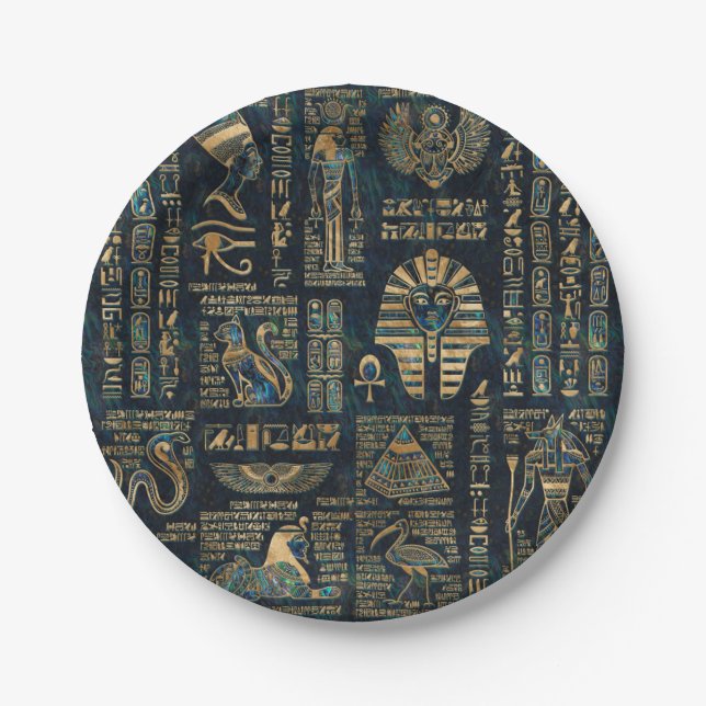 Assiettes En Carton Hiéroglyphes et divinités égyptiens - ormeau et or (Devant)