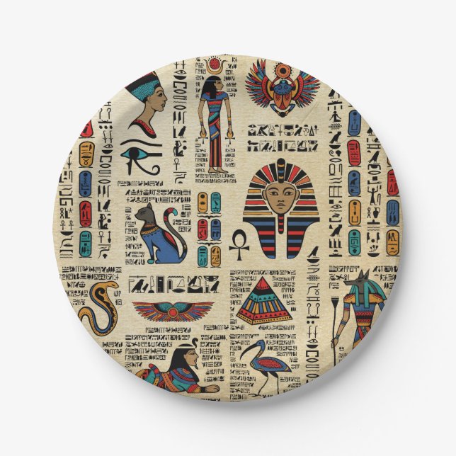 Assiettes En Carton Hiéroglyphes et divinités égyptiens sur papyrus (Devant)