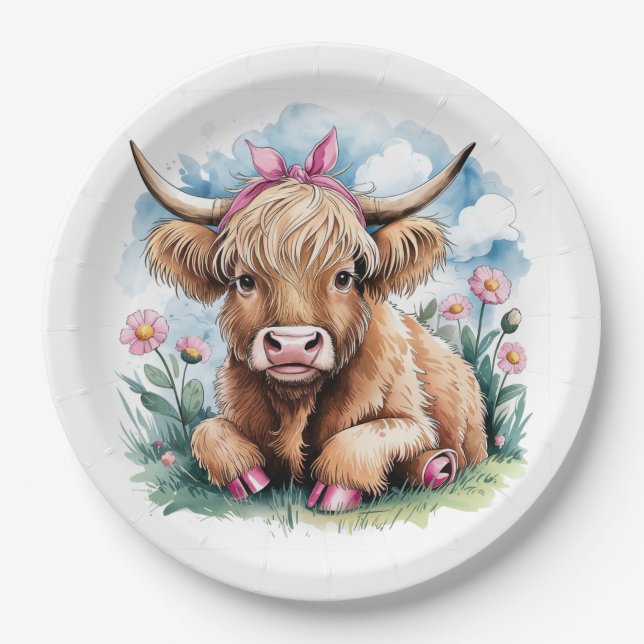 Assiettes En Carton Highland Cow Baby shower Bliss (Devant)