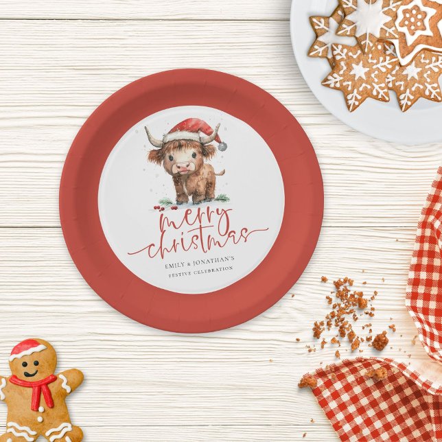 Assiettes En Carton Highland Cow Santa Chapeau Nom Joyeux Noël (Créateur téléchargé)