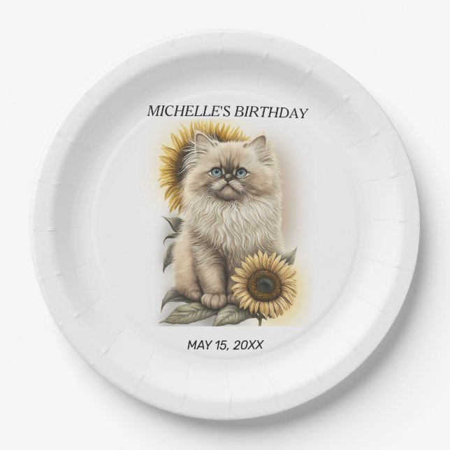 Assiettes En Carton Himalayan Kitten Chat Tournesols Nom anniversaire (Devant)