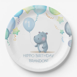 Assiettes En Carton Hippo Anniversaire doux bleu simple plaque papier