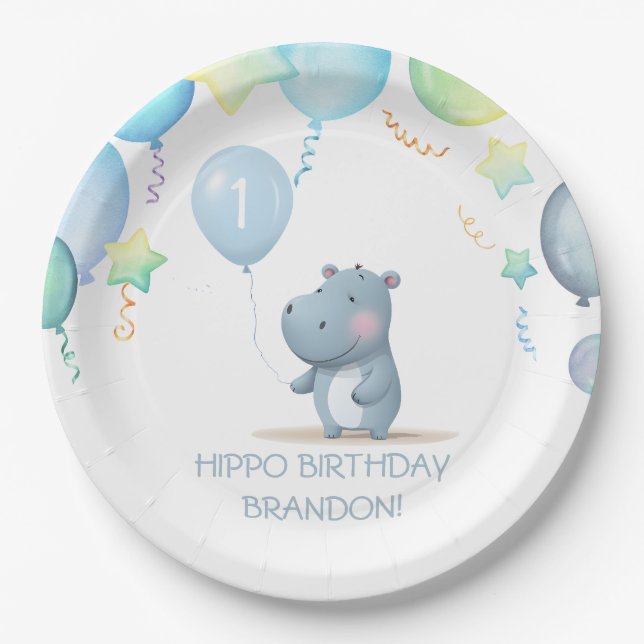 Assiettes En Carton Hippo Anniversaire doux bleu simple plaque papier (Devant)
