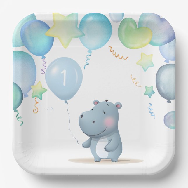 Assiettes En Carton Hippo Anniversaire doux bleu simple serviettes (Recto)