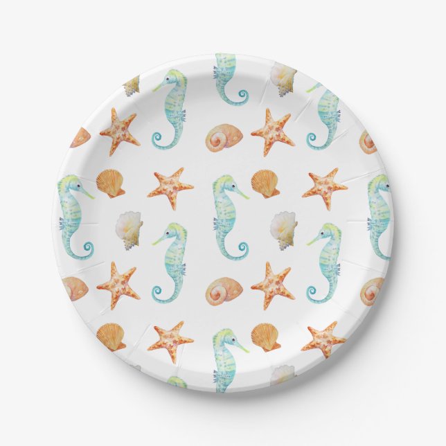 Assiettes En Carton Hippocampe et étoiles de mer (Devant)
