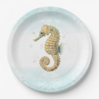 Hippocampe sarcelle et or aquarelle plage côtière