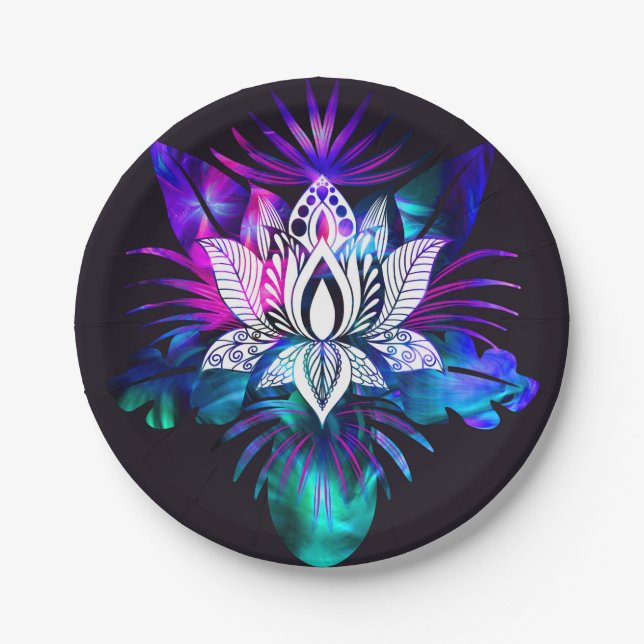 Assiettes En Carton Hipster Retro Tech Turquoise Lotus Lotus Fleur Feu (Devant)