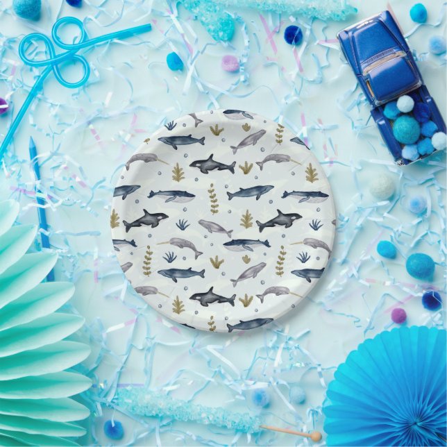 Assiettes En Carton Histoire de la baleine d'aquarelle (Fête)
