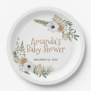 Assiettes En Carton Hiver Anémone Floral Baby shower de pin de coton