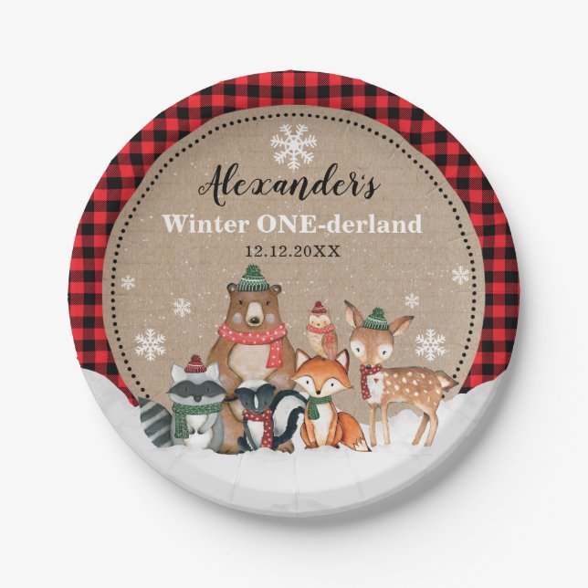 Assiettes En Carton Hiver Bois Animaux Onederland 1er anniversaire (Devant)