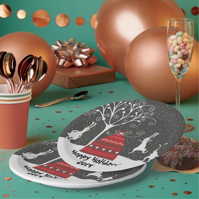 Assiettes En Carton Hiver Bunny Hoppy Vacances Plaque en papier (Multi)