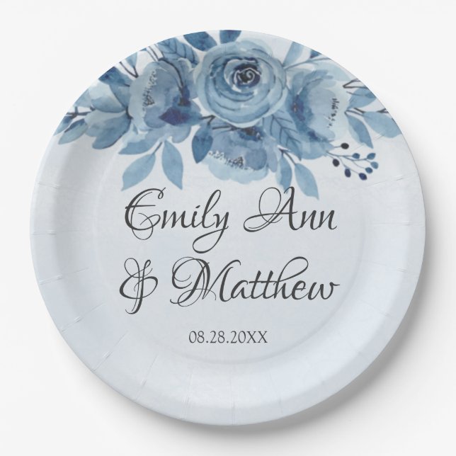 Assiettes En Carton Hiver Dusty Blue Aquarelle Peony Mariage (Devant)