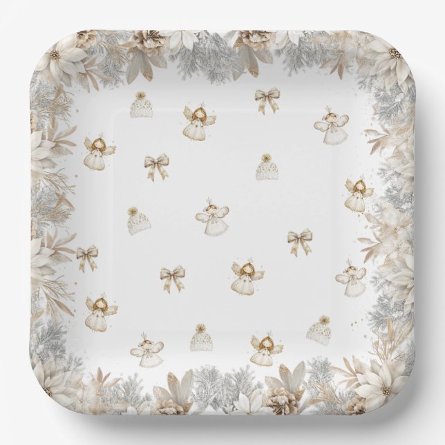 Assiettes En Carton Hiver Floral Angels Baby shower fille (Recto)
