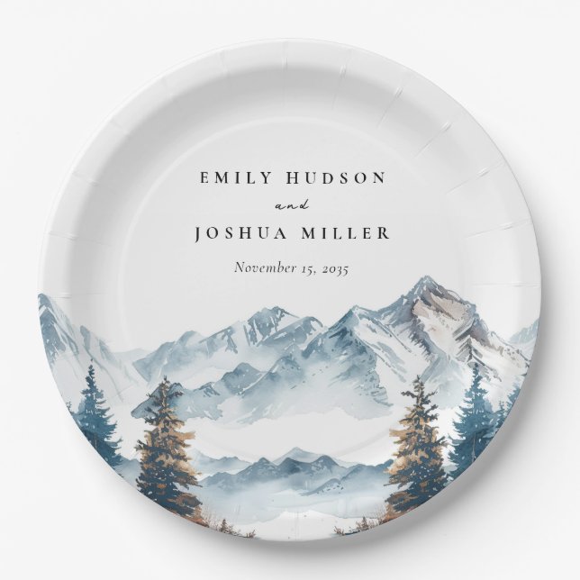 Assiettes En Carton Hiver Montagnes Pine Tree Mariage (Devant)