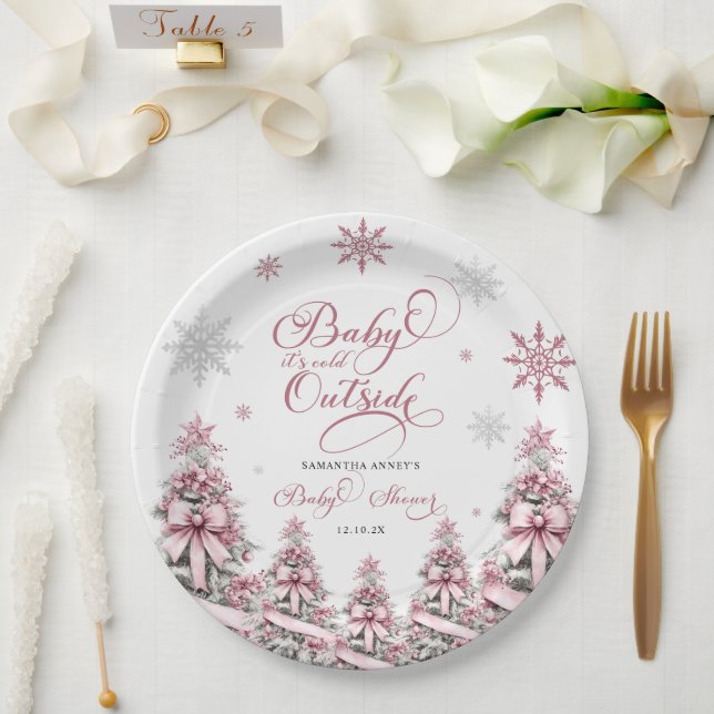 Assiettes En Carton Hiver Noël Arbres Snowflakes Baby shower rose (Mariage)