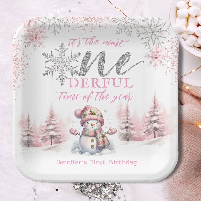 Assiettes En Carton Hiver ONE derland Fille rose Noël 1er anniversaire (Créateur téléchargé)
