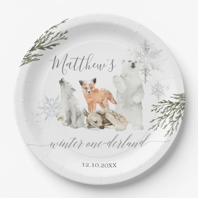 Assiettes En Carton Hiver Onederland Bois Animaux Anniversaire (Devant)
