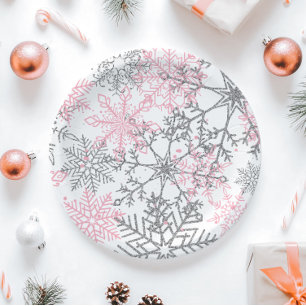 Assiettes En Carton Hiver Onederland Pink Silver Snowflake