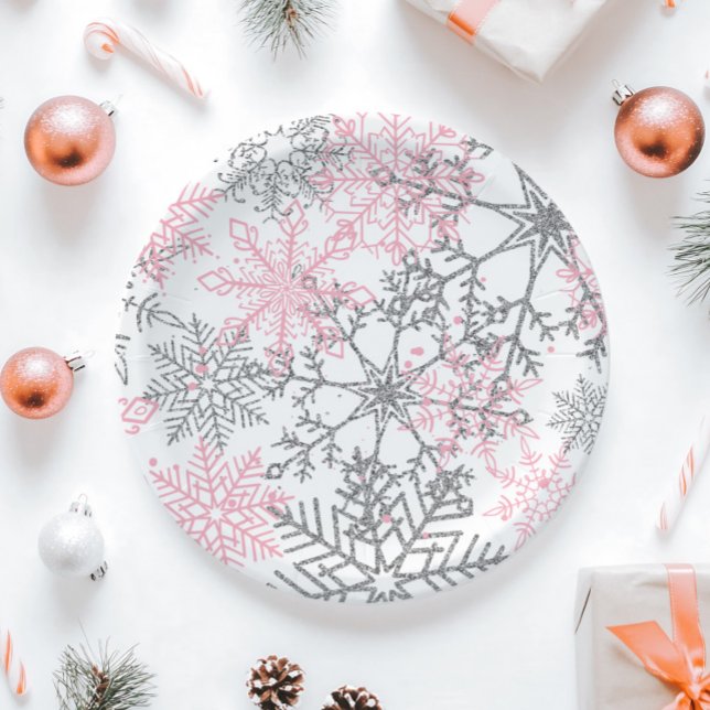 Assiettes En Carton Hiver Onederland Pink Silver Snowflake (Créateur téléchargé)