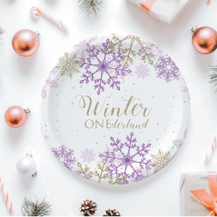 Assiettes En Carton Hiver Onederland Plate de flocons de neige violet 