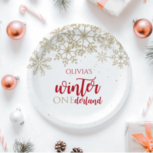 Assiettes En Carton Hiver ONEdernald Red and Gold Snowflake Anniversai