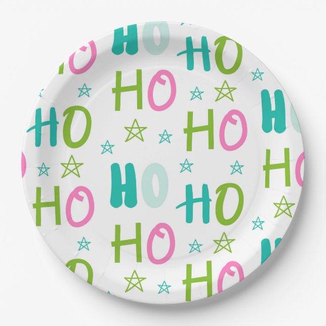 Assiettes En Carton Ho Ho Pink Teal Stars Modern Christmas  (Devant)