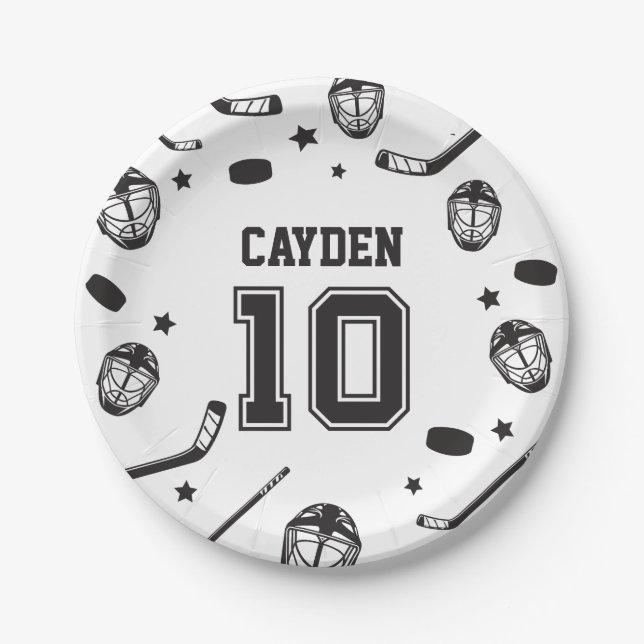 Assiettes En Carton Hockey noir et blanc 10e anniversaire (Devant)
