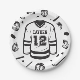 Assiettes En Carton Hockey noir et blanc 12e anniversaire