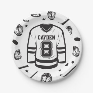 Assiettes En Carton Hockey noir et blanc 8e anniversaire