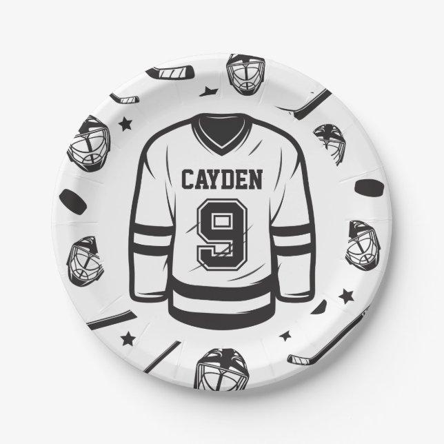 Assiettes En Carton Hockey noir et blanc 9e anniversaire (Devant)