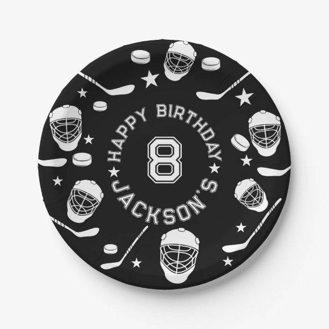 Assiettes En Carton Hockey noir et blanc Anniversaire de enfant à thèm (Devant)