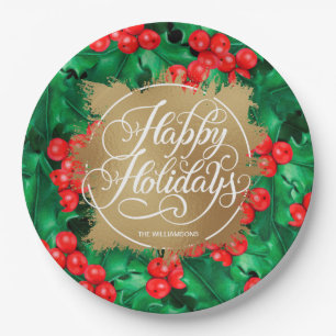 Assiettes En Carton Holly Berries Gold Faux Foil Holiday