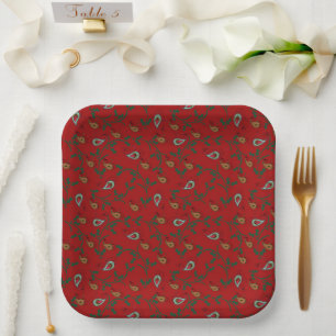 Assiettes En Carton Holly et Paisley Holiday Red