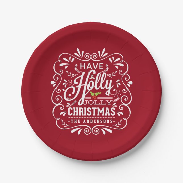 Assiettes En Carton Holly Jolly Christmas Chalk Art Holiday Red Party (Devant)