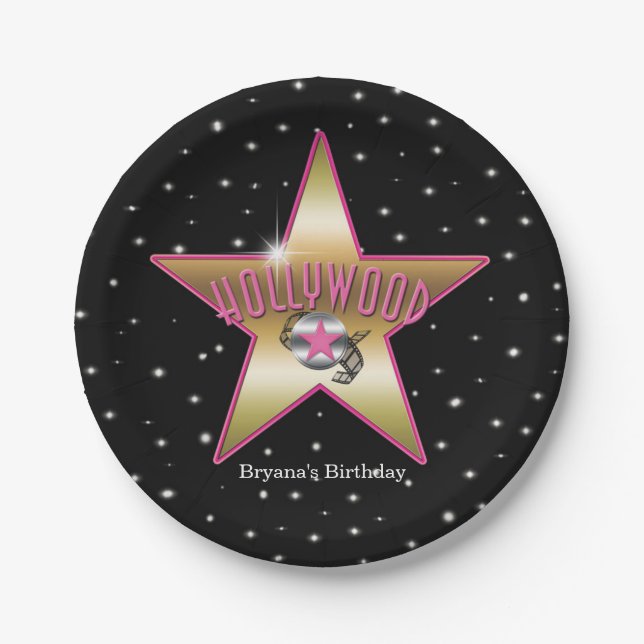 Assiettes En Carton Hollywood Pink & Gold Star Black Anniversaire Part (Devant)