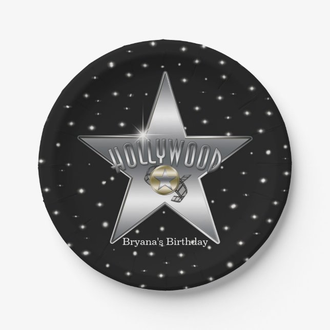 Assiettes En Carton Hollywood Silver Star Black Anniversaire Party (Devant)
