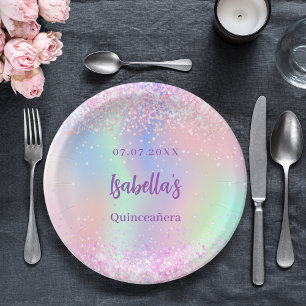 Assiettes En Carton Holographe rose violet scintille Quinceanera