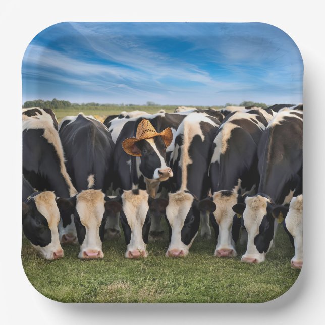 Assiettes En Carton Holstein Cow porte un Casquette de cowboy (Recto)