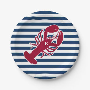 Assiettes En Carton Homard rouge nautique Monogramme Bleu Bleu Blancs