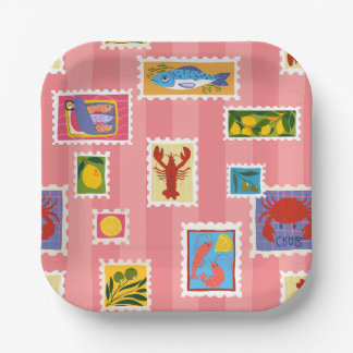 Assiettes En Carton homard sardine citron seafood timbre collage rayur