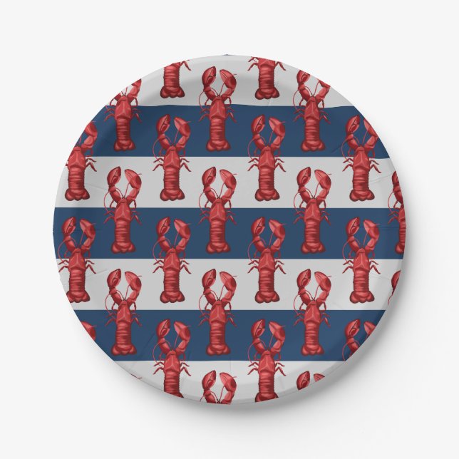 Assiettes En Carton Homards marins sur les bandes bleues et grises de  (Devant)