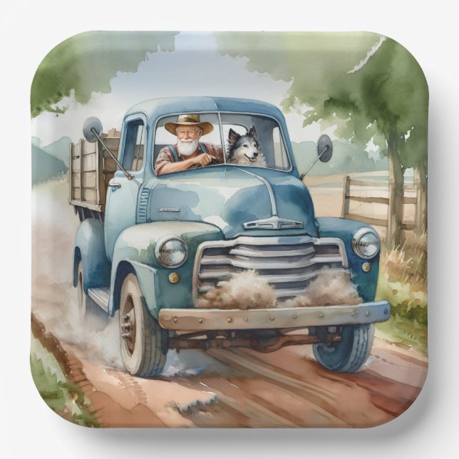 Assiettes En Carton Homme et chien dans le vieux camion bleu (Recto)