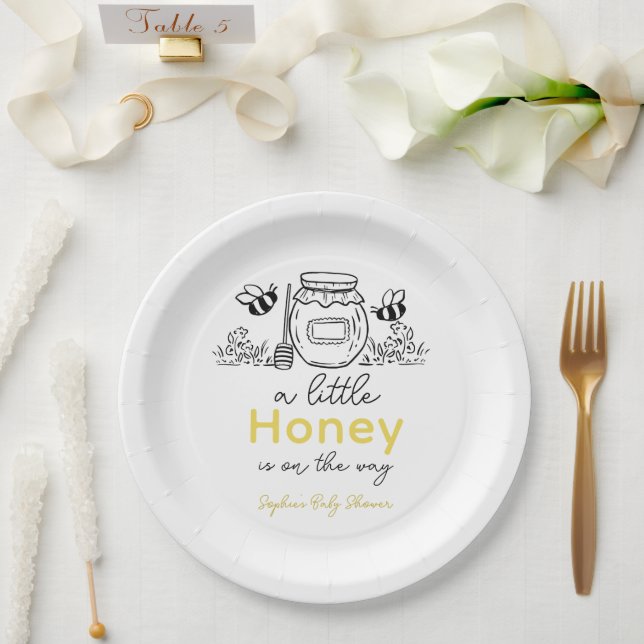 Assiettes En Carton Honey Hand-drawn Jar & Bees White Baby Shower (Mariage)