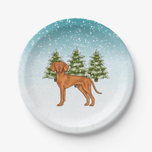 Assiettes En Carton Hongrois Vizsla Chien Snowy Winter Forest Festin (Devant)