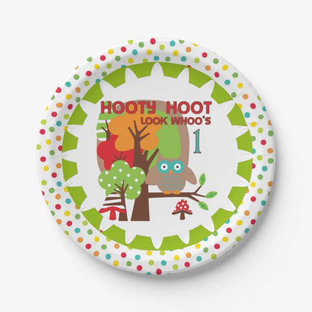 Assiettes En Carton Hooty Hoot Owl 1er Plaques de papier d'anniversair (Devant)
