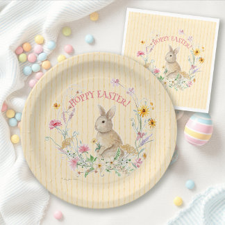 Assiettes En Carton Hoppy Easter Bunny Wildflower Floral Watercolor