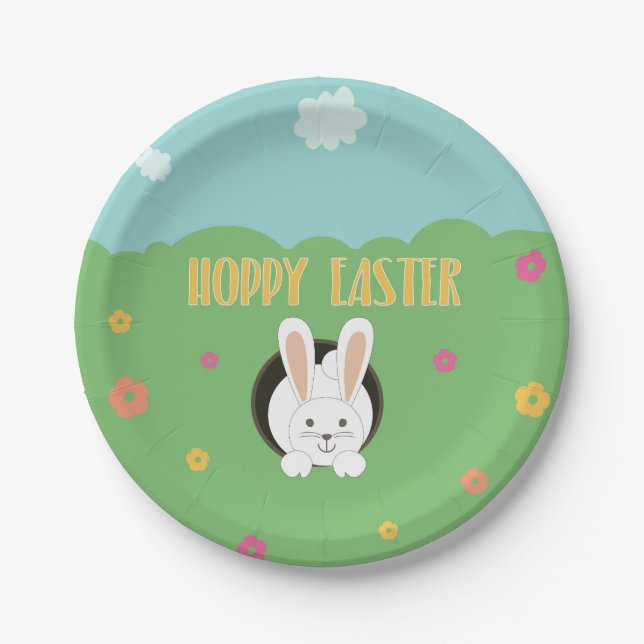 Assiettes En Carton Hoppy Mot de Pâques jeu blanc lapin (Devant)