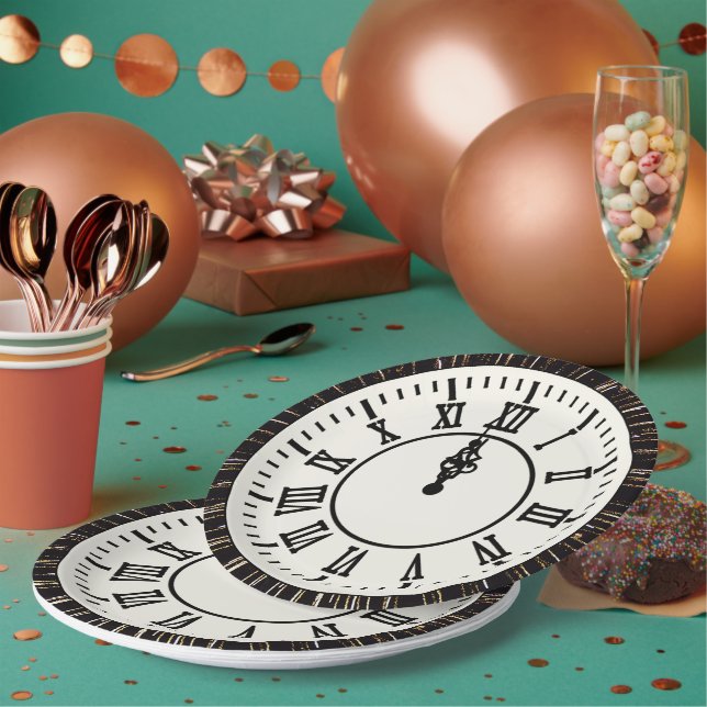 Assiettes En Carton Horloge du Nouvel An sur les feux d'artifice (Multi)