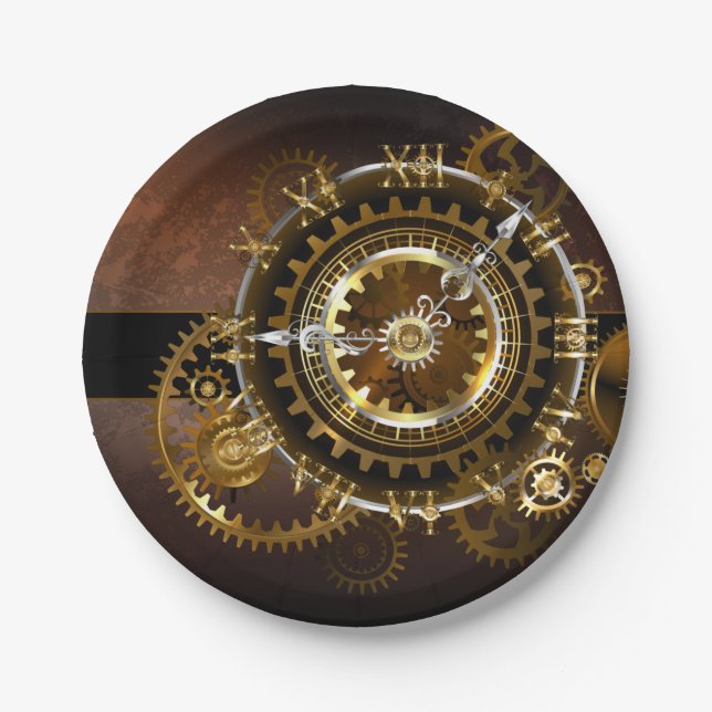 Assiettes En Carton Horloge Steampunk avec des engrenages anciens (Devant)