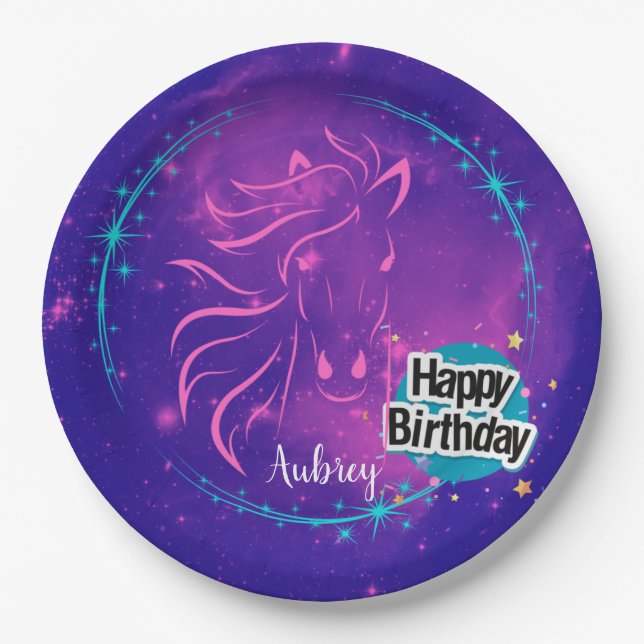 Assiettes En Carton Horse Galaxy Joyeux anniversaire Personnalisé (Devant)